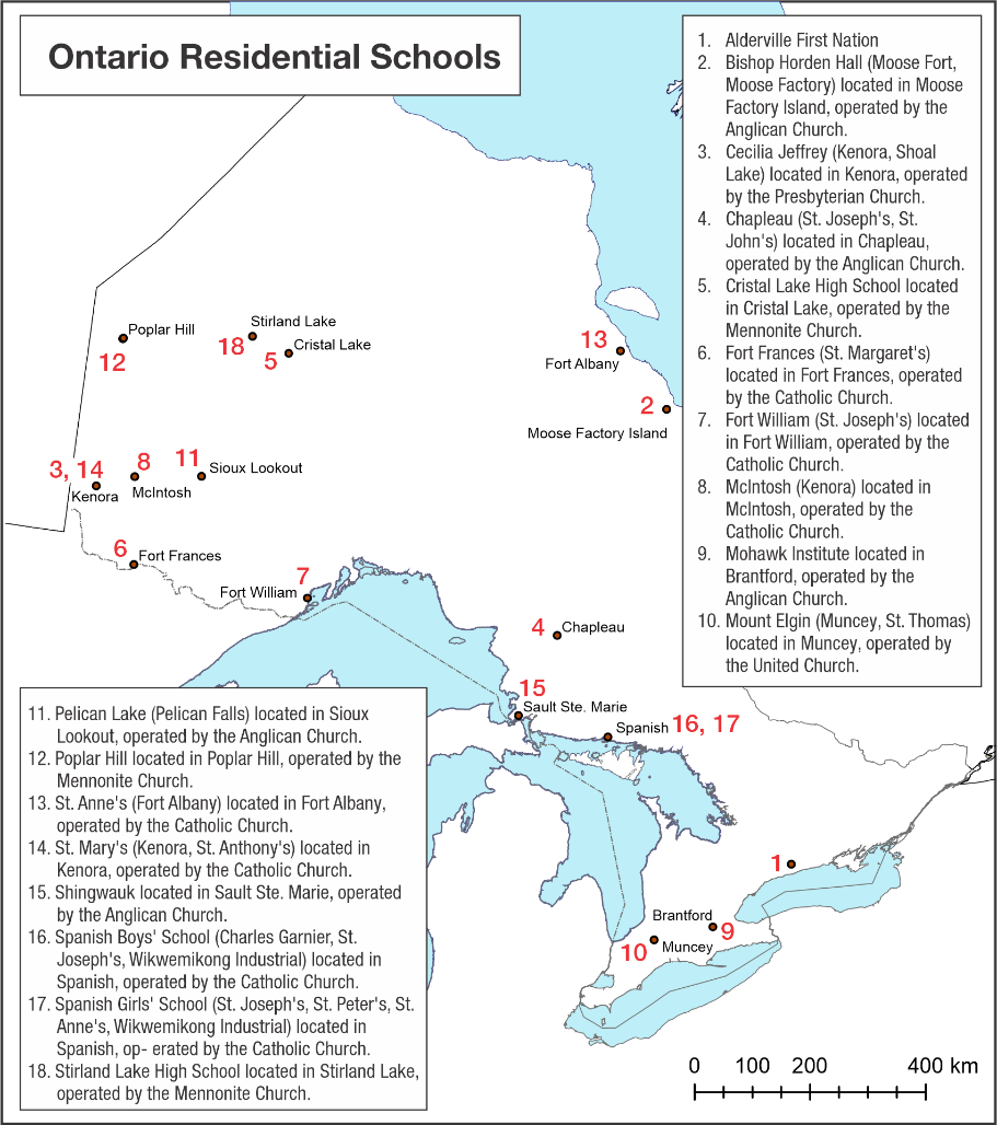 Map of showing the location of Residential Schools in Ontario